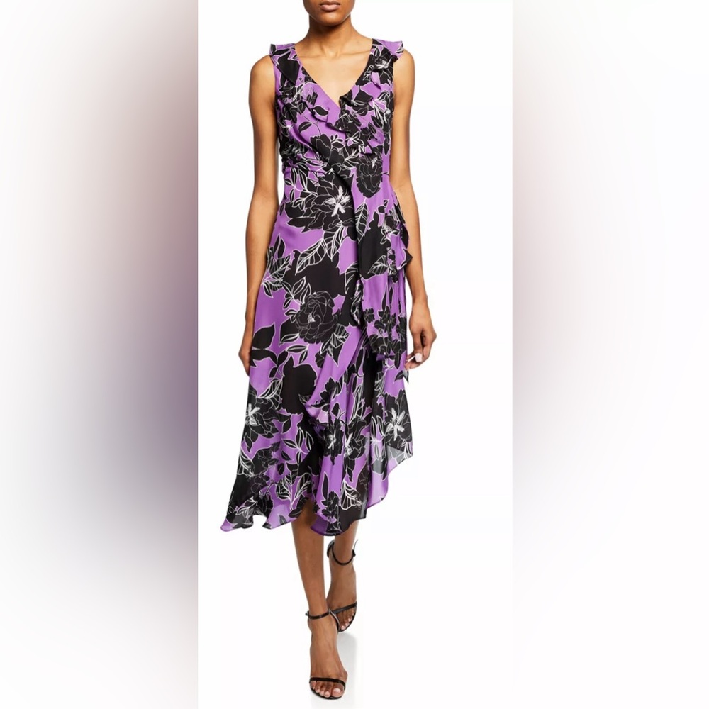Parker Sleeveless Loreena Faux Wrap Silk Asymmetric Midi Dress in Gianna Floral